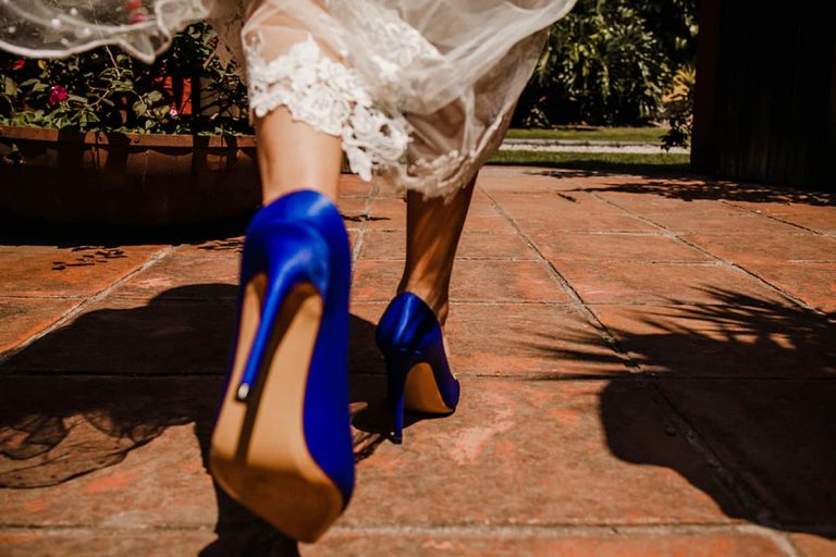 Bride Walking With Blue High Heel Shoes
